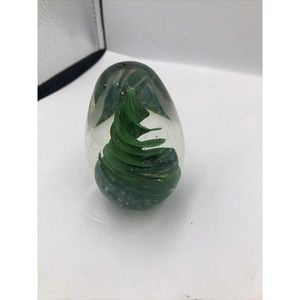 Art Glass Egg Shape Paperweight Green/ Multi Ribbon Swirl Twist Design Colorful